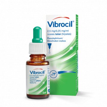 VIBROCIL 2,5 mg/0,25 mg/ml nosies lašai (tirpalas), 15 ml