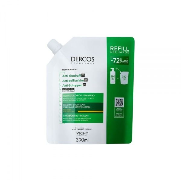 VICHY šampūnas pleiskanojančiai, sausai galvos odai DERCOS DS, papildymas, 390 ml