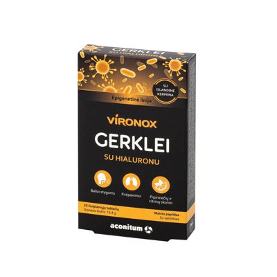 VIRONOX, gerklei su hialuronu, pipirmėčių ir citrinų skonio, 20 čiulpiamųjų tablečių