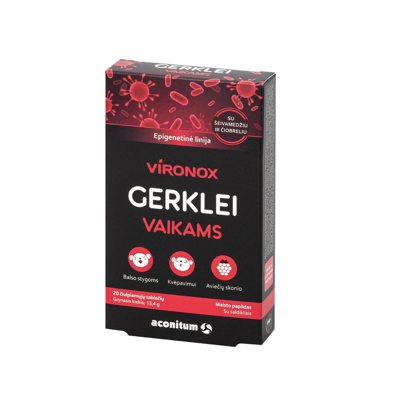 VIRONOX, gerklei vaikams, aviečių skonio, 20 čiulpiamųjų tablečių