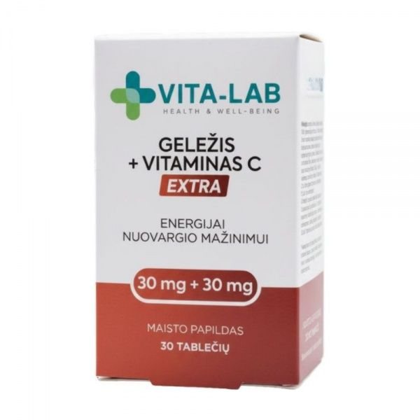 VITA-LAB maisto papildas GELEŽIS 30 mg + VITAMINAS C 30 mg, 30 tab.