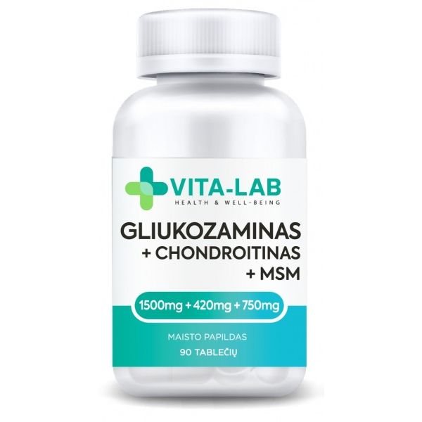 VITA-LAB maisto papildas GLIUKOZAMINAS 1500 mg, CHONDROITINAS IR MSM, 90 tab.