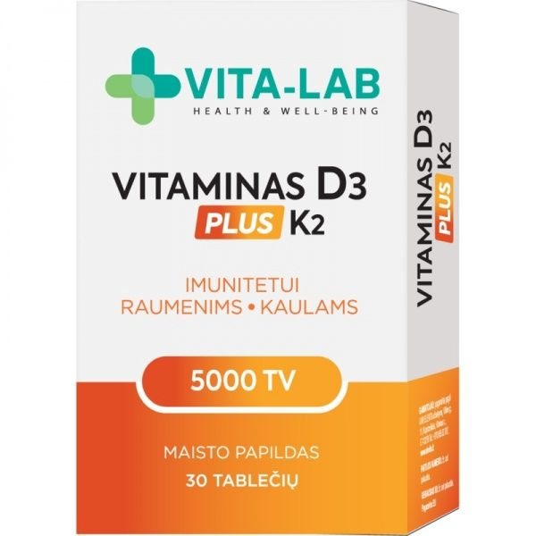 VITA-LAB maisto papildas PLUS VITAMINAS D3 5000 TV + K2 200 mcg, 30 tab.