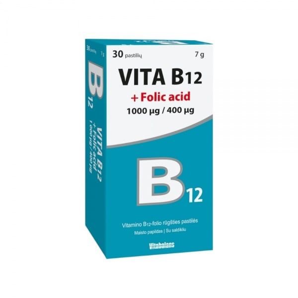 VITA maisto papildas B12 + FOLIO RŪGŠTIS 1 mg/400 mcg, 30 pastilių