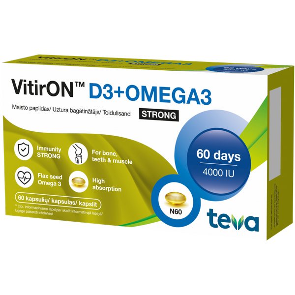VITIRON maisto papildas su Omega-3 VITAMINAS D3 STRONG 4000 TV, 60 kaps.