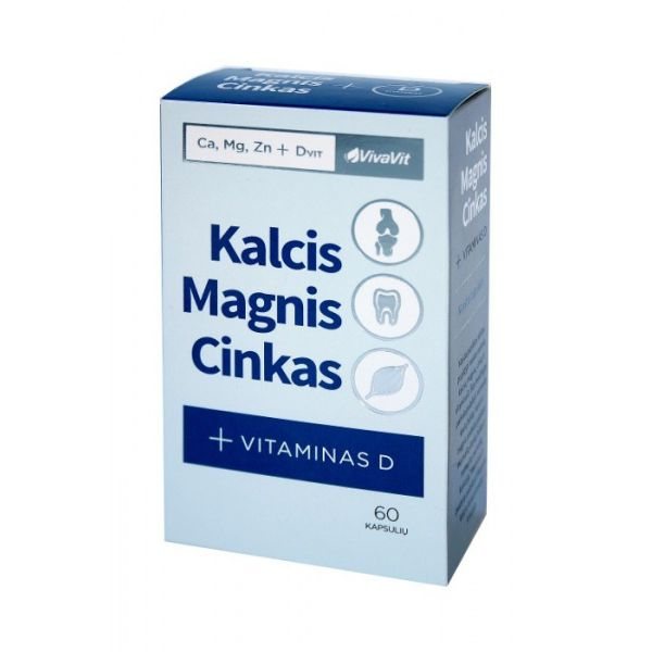 VIVAVIT maisto papildas KALCIS, MAGNIS, CINKAS PLIUS VITAMINAS D, 60 kaps.
