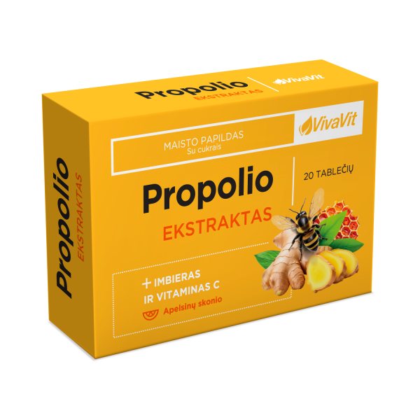 VIVAVIT maisto papildas PROPOLIO EKSTRAKTAS + IMBIERAS IR VITAMINAS C, 20 tab.