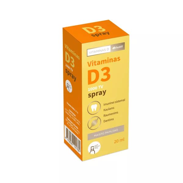 VIVAVIT purškiamas maisto papildas VITAMINAS D3 1000 TV, 111 papurškimų, 20 ml