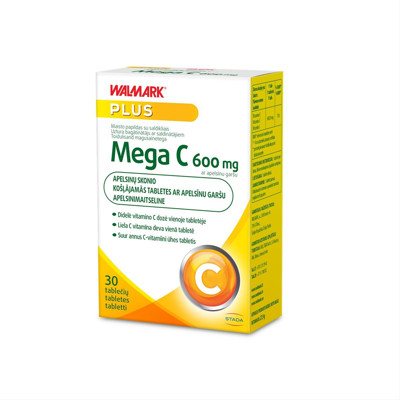 WALMARK MEGA C, 600 mg, apelsinų skonio, 30 tablečių