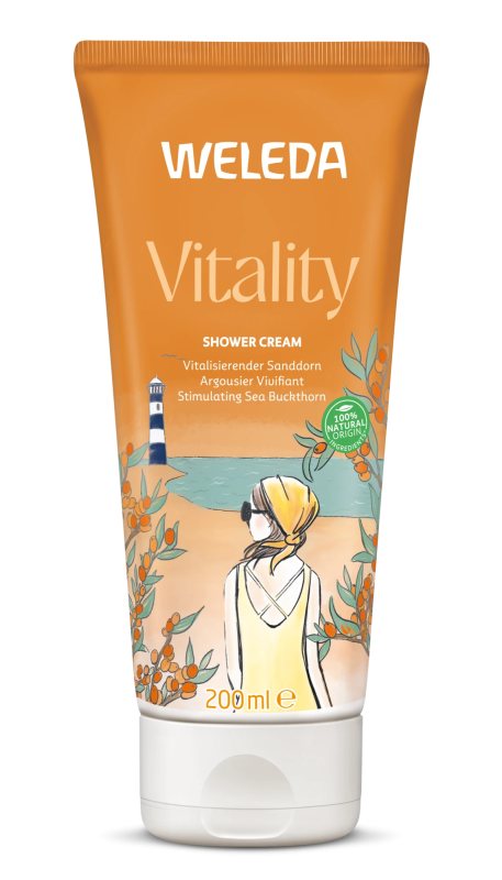 WELEDA Vitality Shower Cream Sea Buckthorn prausiklis kreminis su šaltalankiu, 200 ml
