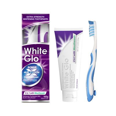 WHITE GLO 2 IN 1 MOUTHWASH balinamoji dantų pasta ir skalavimo skystis viename, + dantų šepetėlis, 150 g