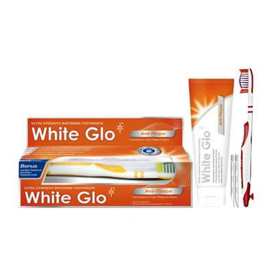 WHITE GLO ANTI-PLAQUE balinamoji dantų pasta nuo akmenų susidarymo, + dantų šepetėlis, 150 g