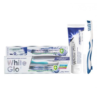 WHITE GLO ANTIBACTERIAL PROTECT ypač stipraus poveikio balinamoji dantų pasta + dantų šepetėlis, 150 g