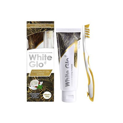 WHITE GLO COCONUT OIL SHINE balinamoji dantų pasta su kokosų aliejumi, + dantų šepetėlis, 150 g