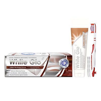 WHITE GLO COFFEE & TEA balinamoji dantų pasta kavos ir arbatos mėgėjams, + dantų šepetėlis, 150 g