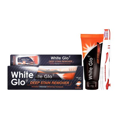 WHITE GLO DEEP STAIN REMOVER, balinamoji dantų pasta su aktyvuota anglimi, + dantų šepetėlis, 150 g