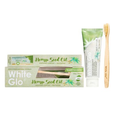 WHITE GLO HEMP SEED OIL balinamoji dantų pasta su kanapių sėklų aliejumi, + dantų šepetėlis, 150 g