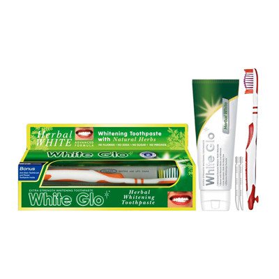 WHITE GLO HERBAL WHITE augalinė balinamoji dantų pasta, + dantų šepetėlis, 150 g