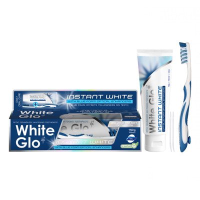 WHITE GLO INSTANT WHITE balinamoji dantų pasta su mėlynomis putomis, + dantų šepetėlis, 150 g
