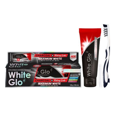 WHITE GLO MAXIMUM WHITE CHARCOAL + BAKING SODA balinamoji dantų pasta su aktyvuota anglimi ir soda, + dantų šepetėlis, 150 g