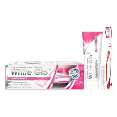 WHITE GLO SENSITIVE FORTE + balinamoji dantų pasta jautriems dantims, + dantų šepetėlis, 150 g