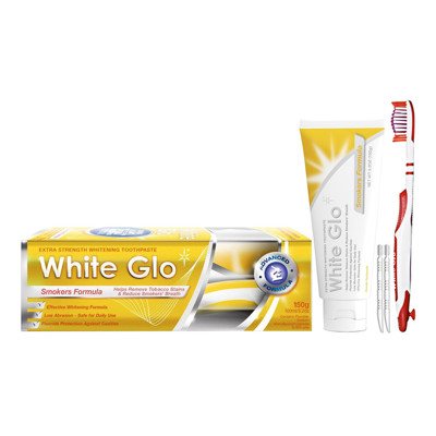 WHITE GLO SMOKERS FORMULA balinamoji dantų pasta rūkantiesiems, + dantų šepetėlis, 150 g