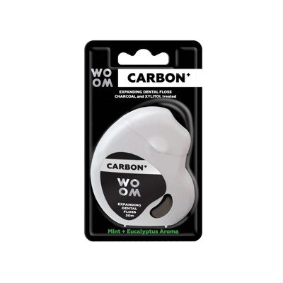 WOOM CARBON+, besiplečiantis tarpdančių siūlas su aktyvuota anglimi, 30 m