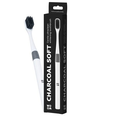 WOOM CHARCOL SOFT BLACK TOOTHBRUSH, Minkštas dantų šepetėlis su aktyvuota anglimi, 1 vnt